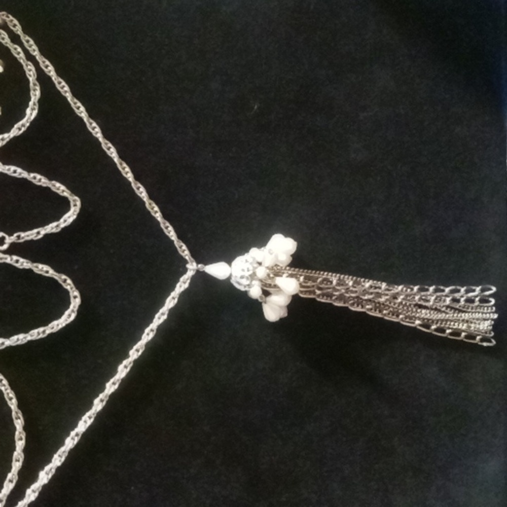 Vintage Silver and White Faux Pearl Tassel Necklace 1950s 22 In Long